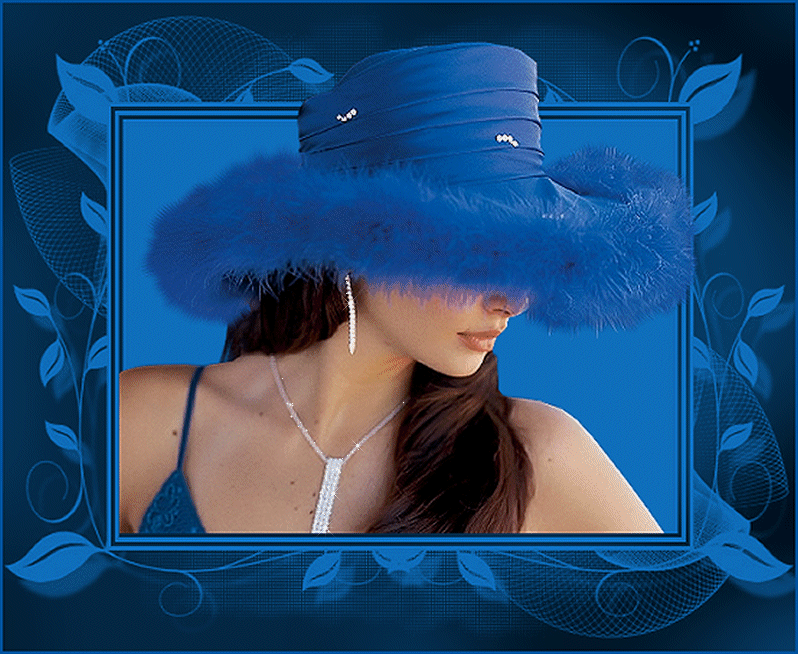 4. Анимация Девушка в синей шляпе из пуха с украшениями на синем фоне, гифка Девушка в синей шляпе, Аватар женщина в шляпе