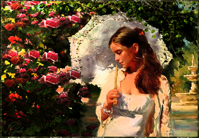 10. Анимация Девушка в белом платье, держит в руке зонтик, она стоит около цветов. Гиф женщина в цветах, Девушка с букетом гиф