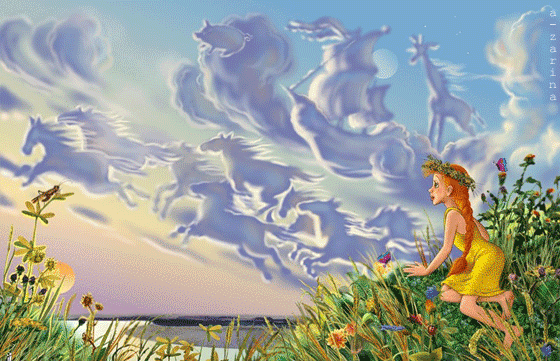 8. Гифка среди цветов сидит девочка, она изумлённо смотрит на небо, по небу плывут сказочные облака.