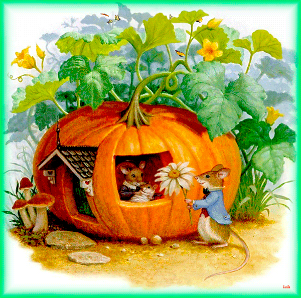 3. Гиф открытка Сказочный домик мышей, картинка для детей.