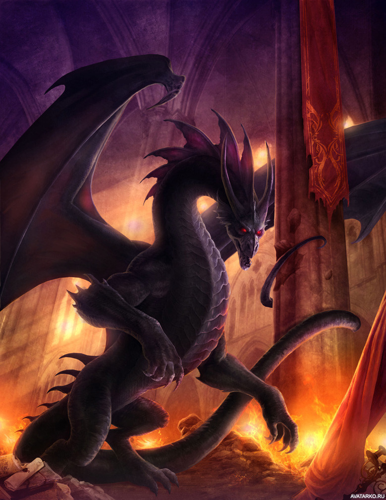 108. Картинка Огромный чёрный дракон в зале с высокими потолками и колоннами