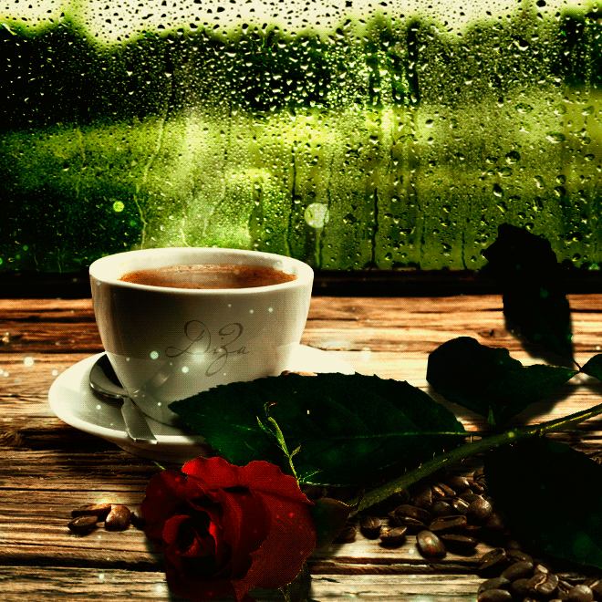 9. Мерцающая картинка с чёрным кофе и ярко красной розой, дождь за окном!