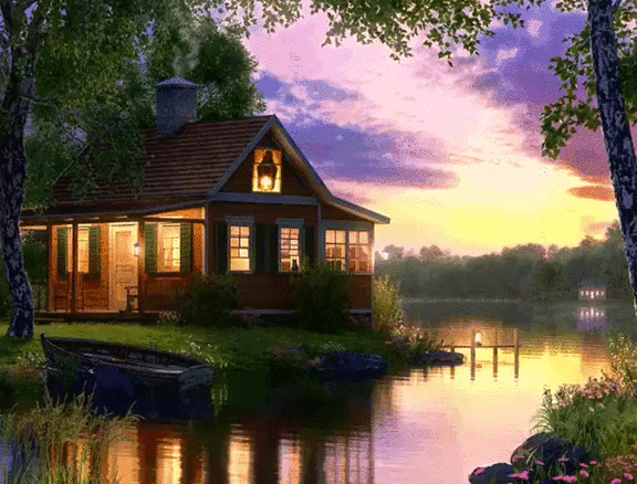 2. Gif картинка красивый вечерний пейзаж, домик у озера.