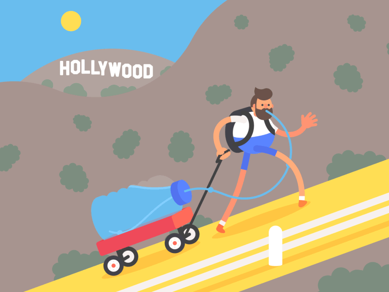 10. Гифка Голливуд. Путник покоряет голливудские холмы, попутно попивая из пятилитровой баклажки.