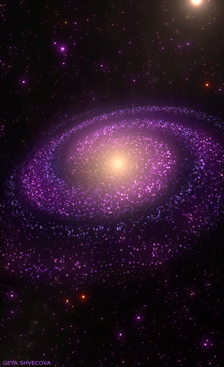 2. Гифка Млечный Путь. Я могу ошибаться, но примерно так выглядит наша галактика во Вселенной. Вся галактика — крошечная спиралька в бесконечности.