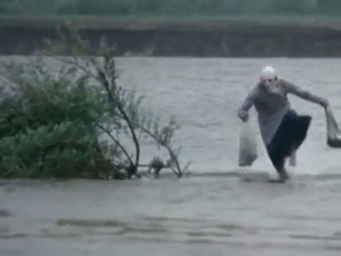Гифка бабка бежит по воде с сумками