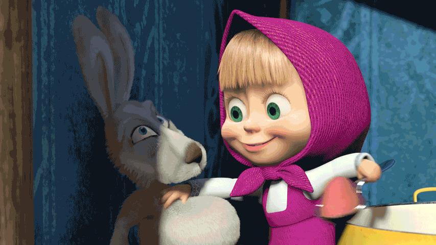 1. Гифка из мультфильма Маша и медведь. Маша кормит кролика.