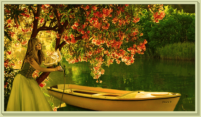 6. Красивая анимационная картинка девушка под цветущим деревом около озера