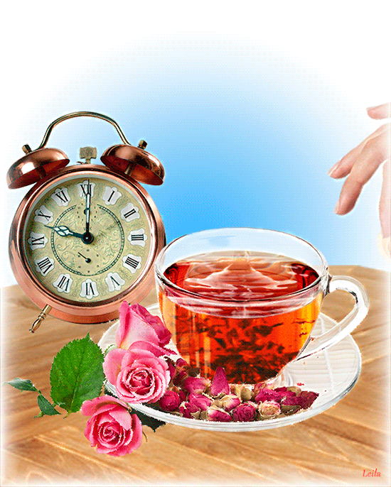 3. Красивая гиф открытка с добрым утром чай, будильник и пироженое