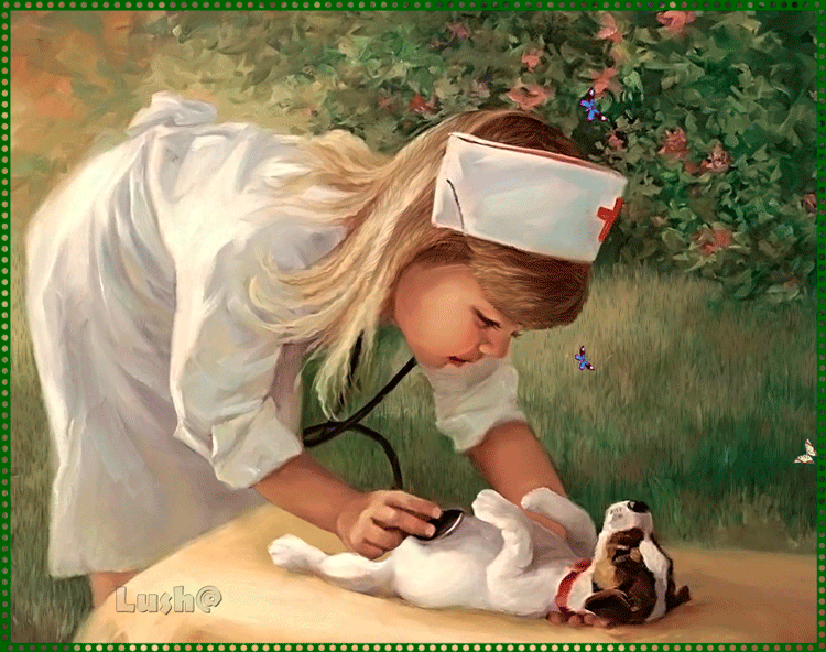 6. Милая гифка девочка ветеринар лечит собачку