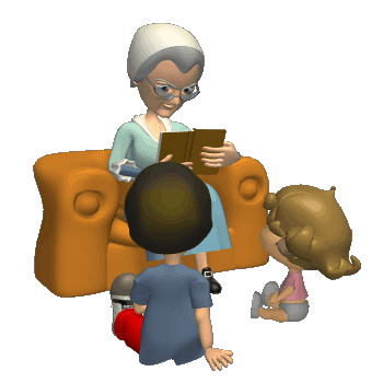 9. Очень красивая гифка бабушка читает детям книгу у камина