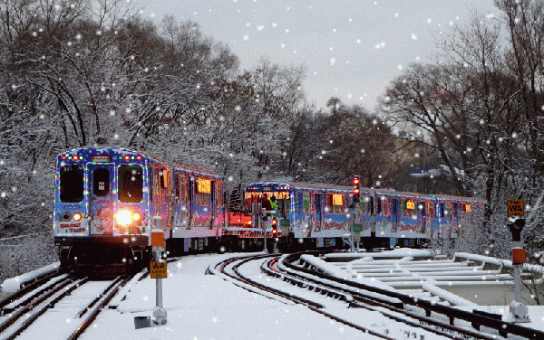 3. Новогодняя гифка трамвай в снегу