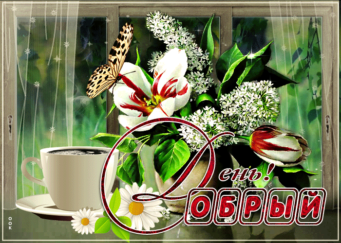 18. Красивая летняя гифка с бабочкой на цветах и пожеланием доброго дня!